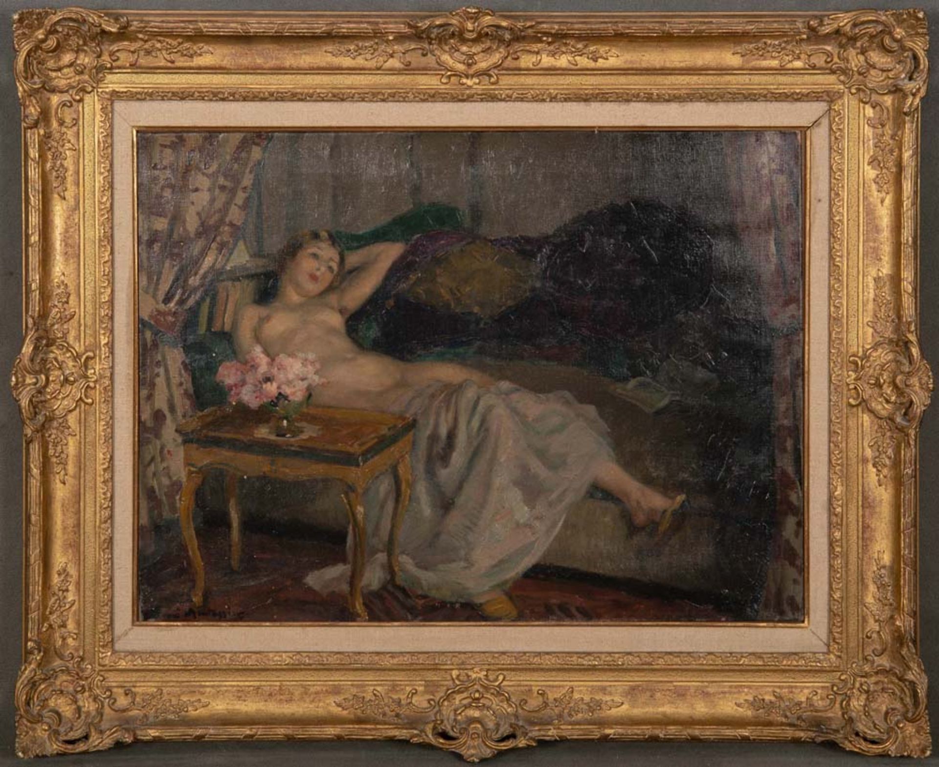 Henri Montassier (1880-1946). Frauenakt auf Sofa. Öl/Lw., li./u./sign., gerahmt, 55,5 x 73 cm. **