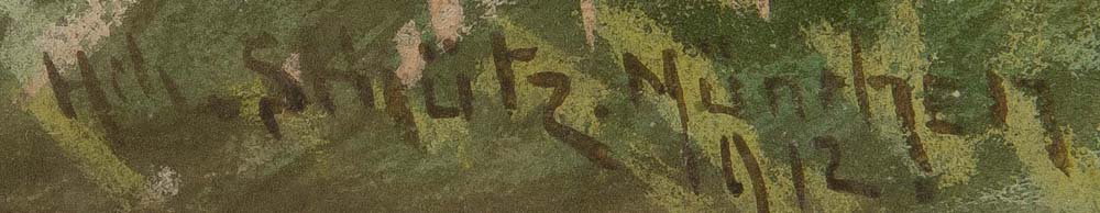 Heinrich Schütz (1875-1946). Erlegtes Rotwild mit Jagdhund im Wald. Aquarell, re./u./sign., dat. - Image 2 of 2