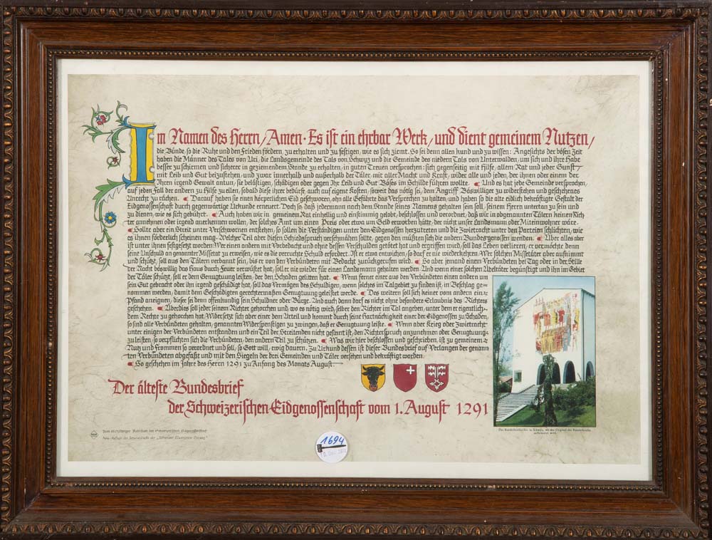 Kopie „Der älteste Bundesbrief von der schweizerischen Eidgenossenschaft vom 1. August 1291“. Druck,