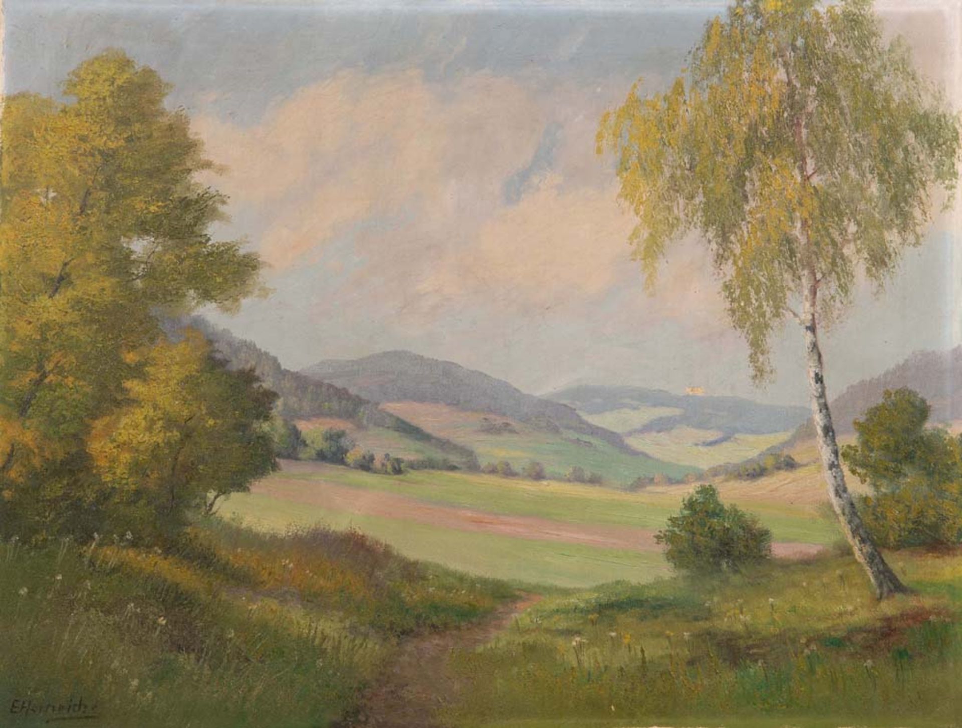 Ernst Heinrich (1896-1969). Blick auf Wiese und hügelige Landschaft. Öl/Lw., li./u./sign., 61 x 81