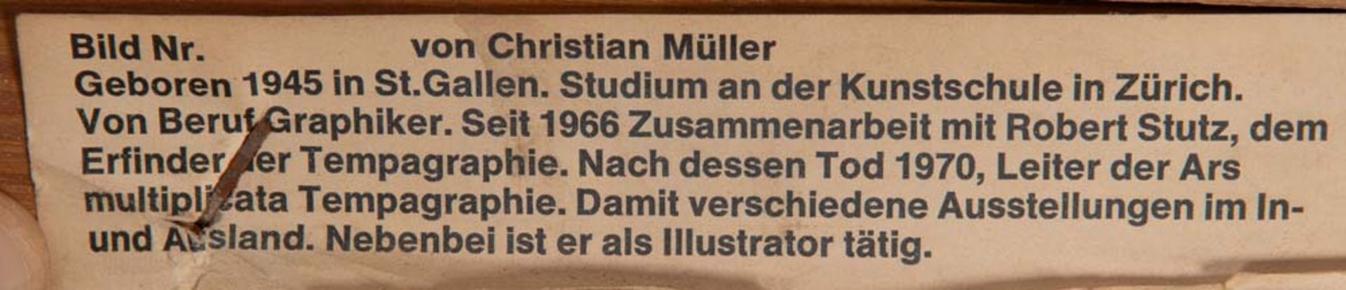 Christian Müller (geb. 1945). Abstrahierter Vogel. Stoffdruck, Nr. 65/380, re./u./sign., dat. - Bild 2 aus 2