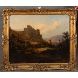 Maler der 19. Jhs. Blick auf Felsen in hügeliger Landschaft mit Baumbestand und Rotwild. Öl/Lw.,