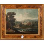 Maler des 19. Jhs. Blick auf ein Schloss mit See und Figurenstaffage. Öl/Lw., gerahmt, 32 x 41