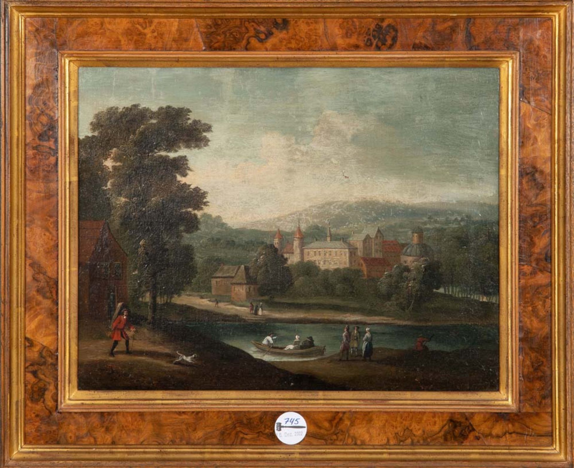 Maler des 19. Jhs. Blick auf ein Schloss mit See und Figurenstaffage. Öl/Lw., gerahmt, 32 x 41