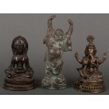 Drei Figuren. Zwei Gottheiten; dazu ein stehender Buddha. Asien. Bronze, H=17,5 bis 25 cm.