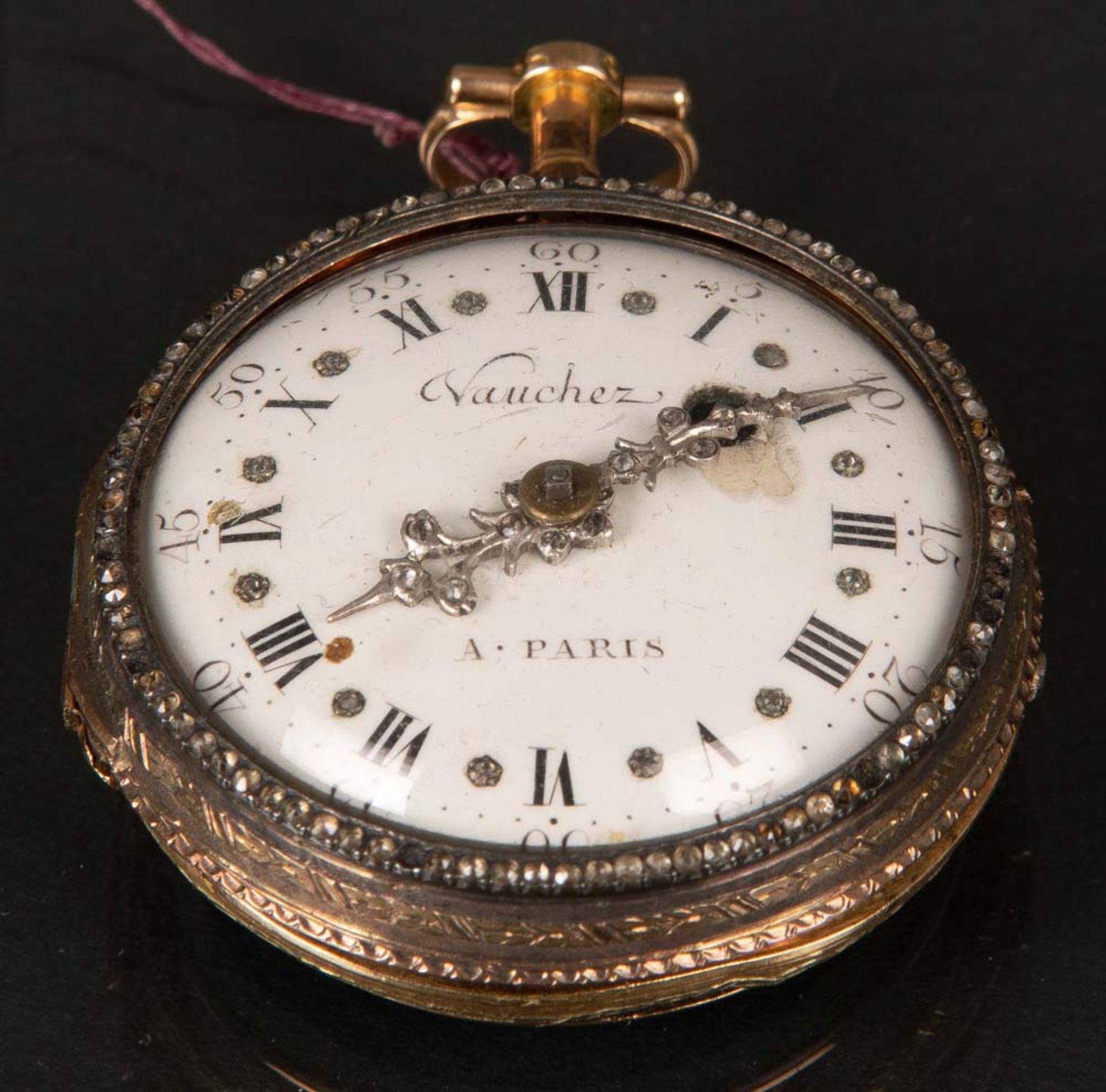 Spindel-Taschenuhr. Paris, Vauchez. 18 ct Gold, besetzt mit Emaille / Diamantrosen. (Funktion