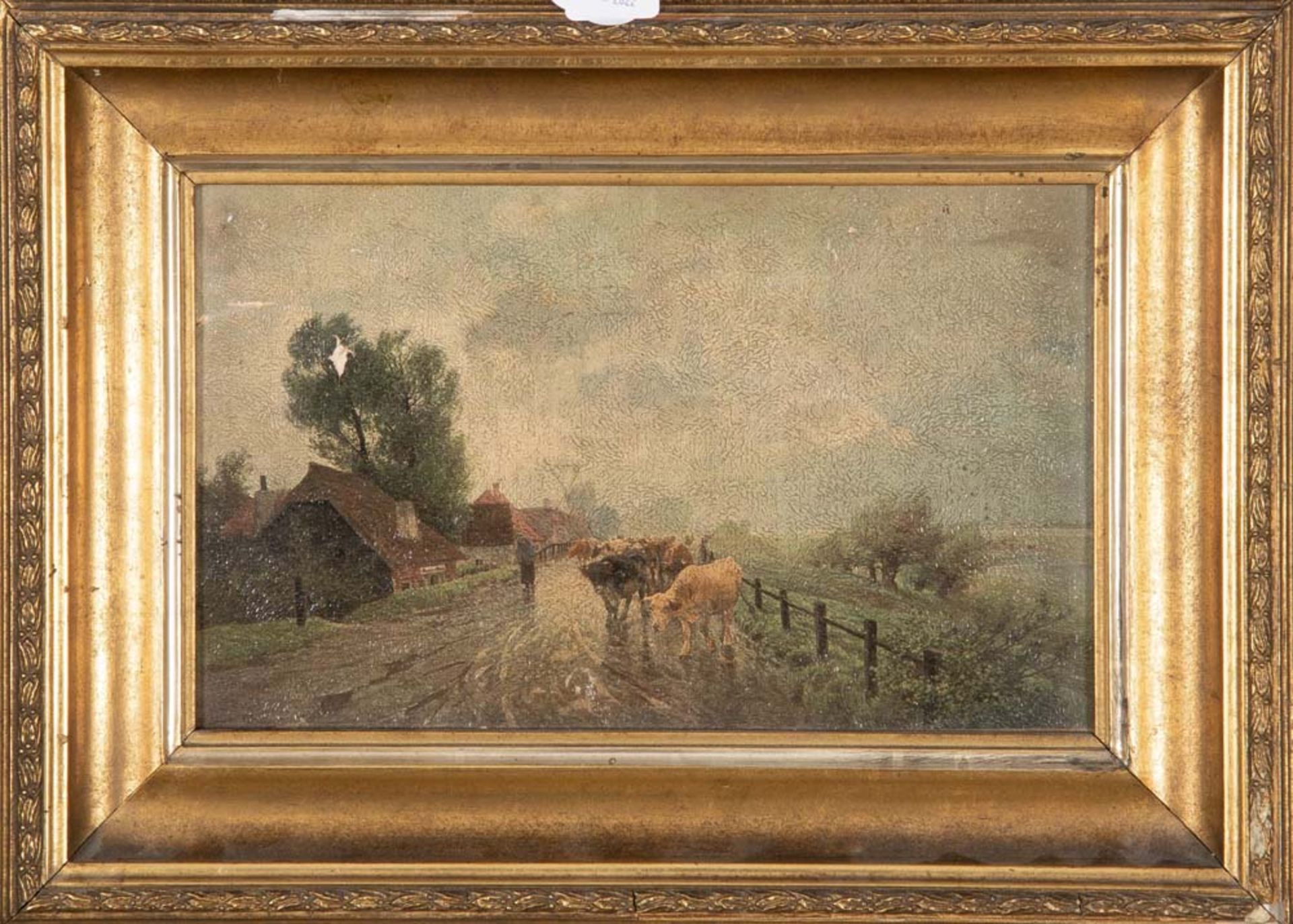 Hermann Baisch (1846-1894). „Auf dem Heimweg“ - Dorfstraße mit Bäuerin und Kuhherde. Öl/Lw., li./