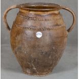 Henkelvase. Wohl Südeuropa 18. Jh. Braune Keramik, glasiert, H=39 cm, D=28 cm. (best.)