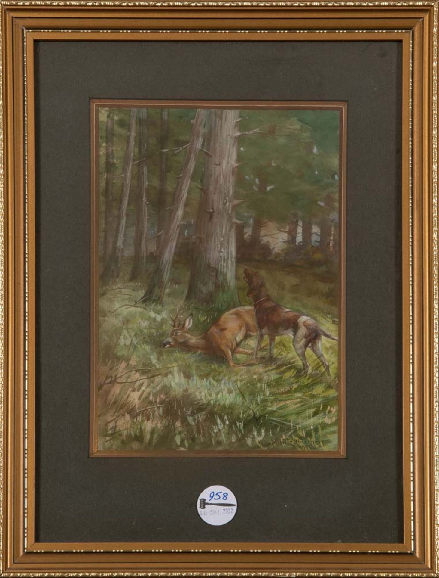 Heinrich Schütz (1875-1946). Erlegtes Rotwild mit Jagdhund im Wald. Aquarell, re./u./sign., dat.