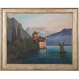 H. Kipp (Maler des 20. Jhs.). Gebirgssee mit Segelboot und Schloss am Ufer. Öl/Malkarton, li./u./