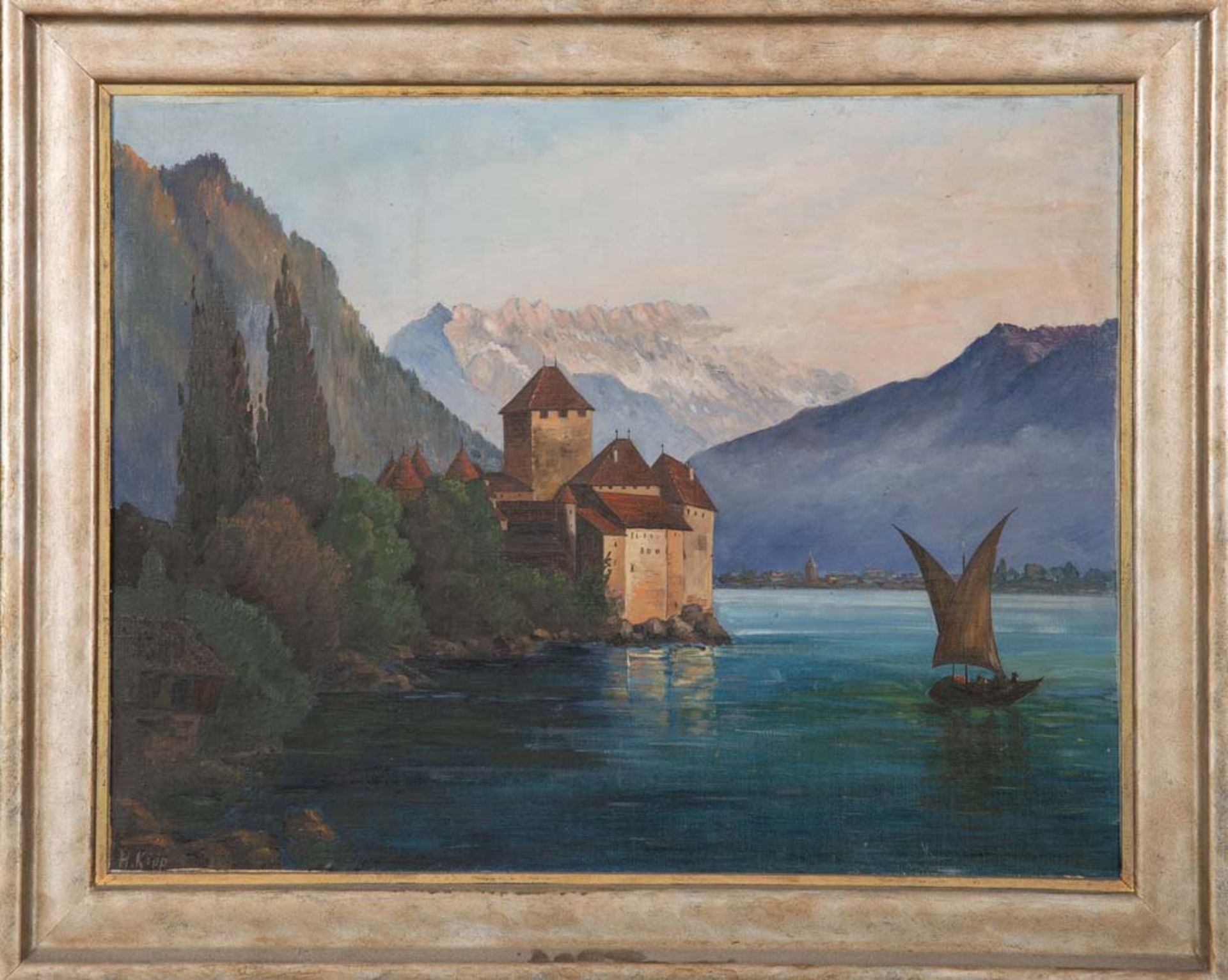 H. Kipp (Maler des 20. Jhs.). Gebirgssee mit Segelboot und Schloss am Ufer. Öl/Malkarton, li./u./