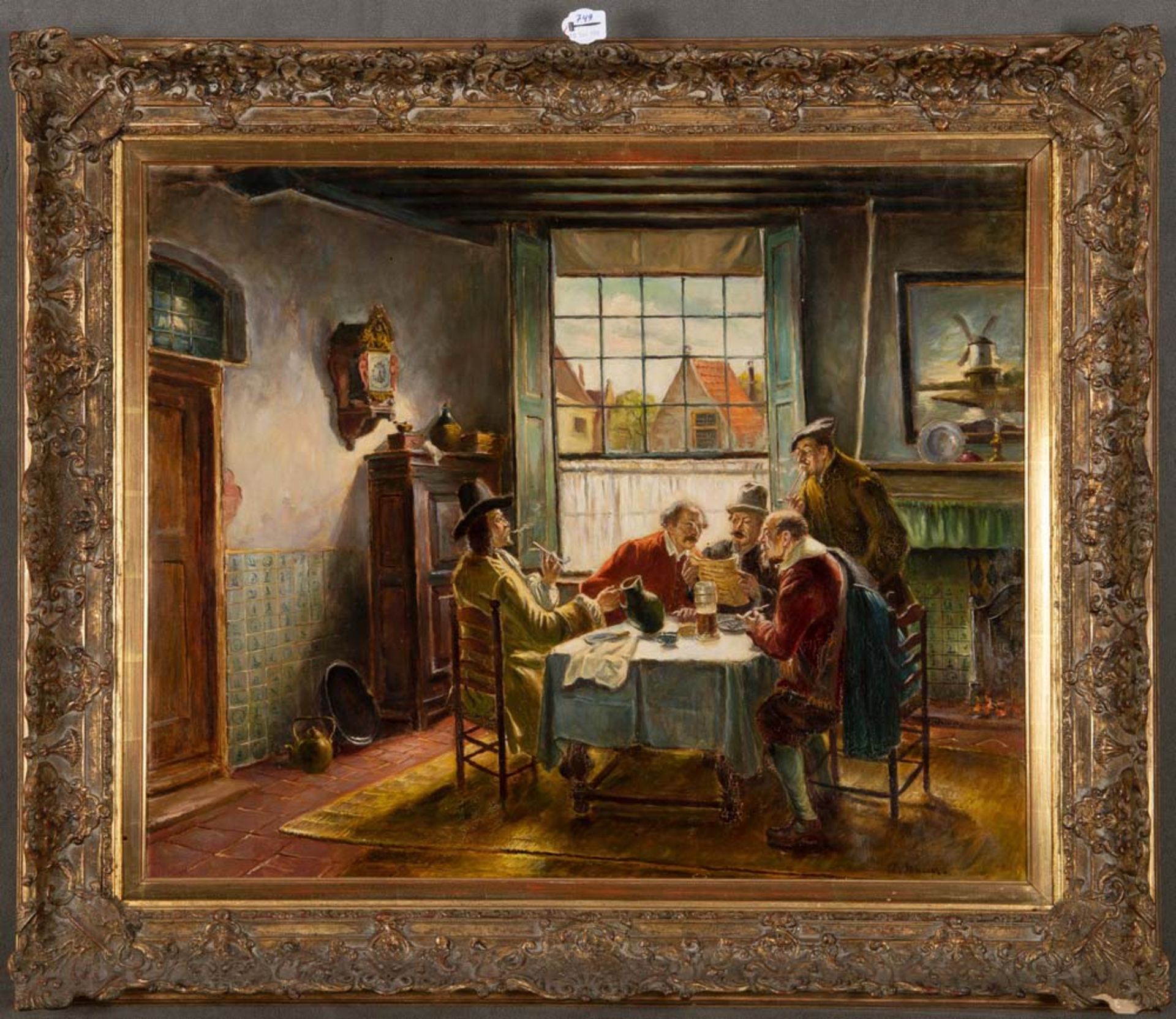Adolf Nauer (1893-1966). Zimmerinterieur mit Männern am Tisch sitzend bzw. stehend, 65 x 88 cm. **
