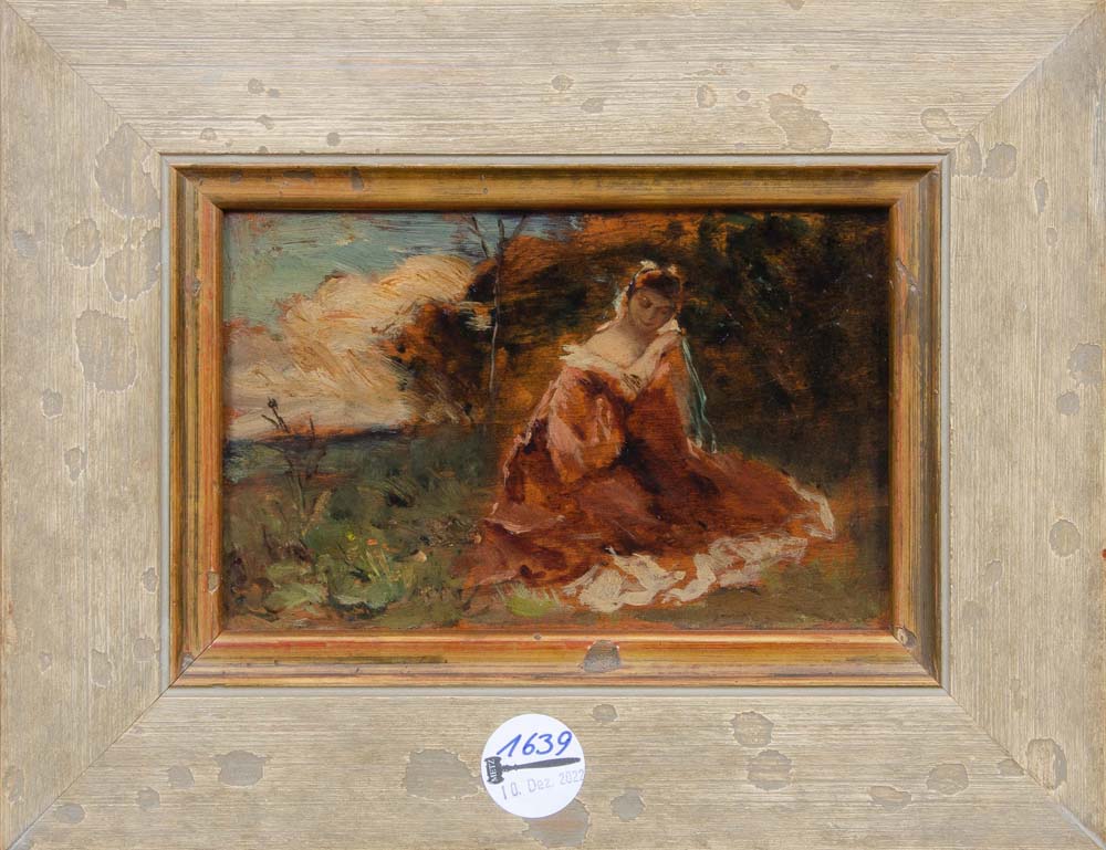 Maler des 20.Jhs. Sitzende Frau in Landschaft. Öl/Holz, gerahmt. H=12,5 cm, B=20 cm.