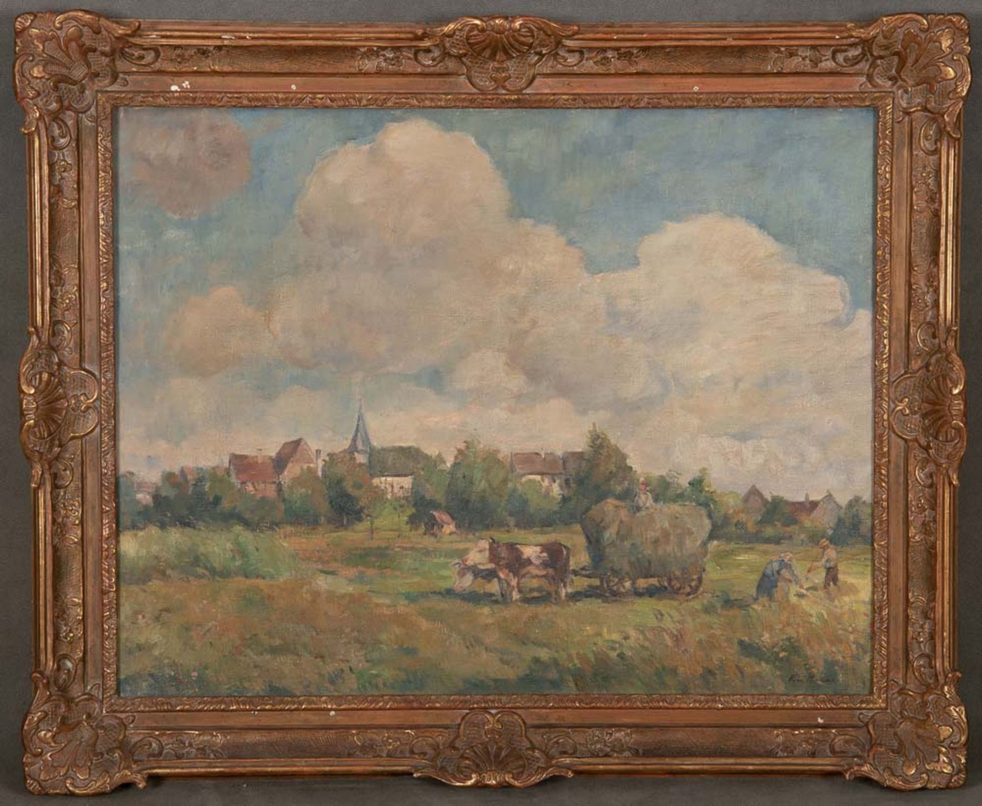 August Kutterer (1898-1954). Ernteszene. Öl/Lw., re./u./sign., gerahmt, 70,5 x 90,5 cm. **