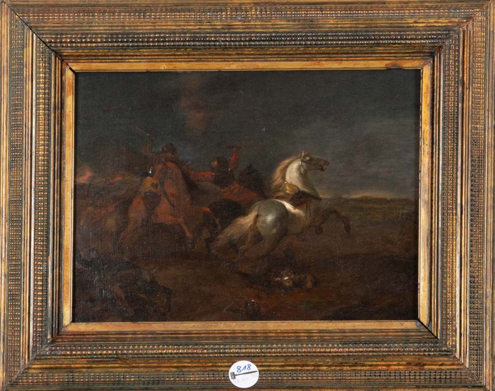 August Querfurt (1696-1761) attrib. Reiterschlacht. Öl/Holz, gerahmt. 27 x 37 cm.