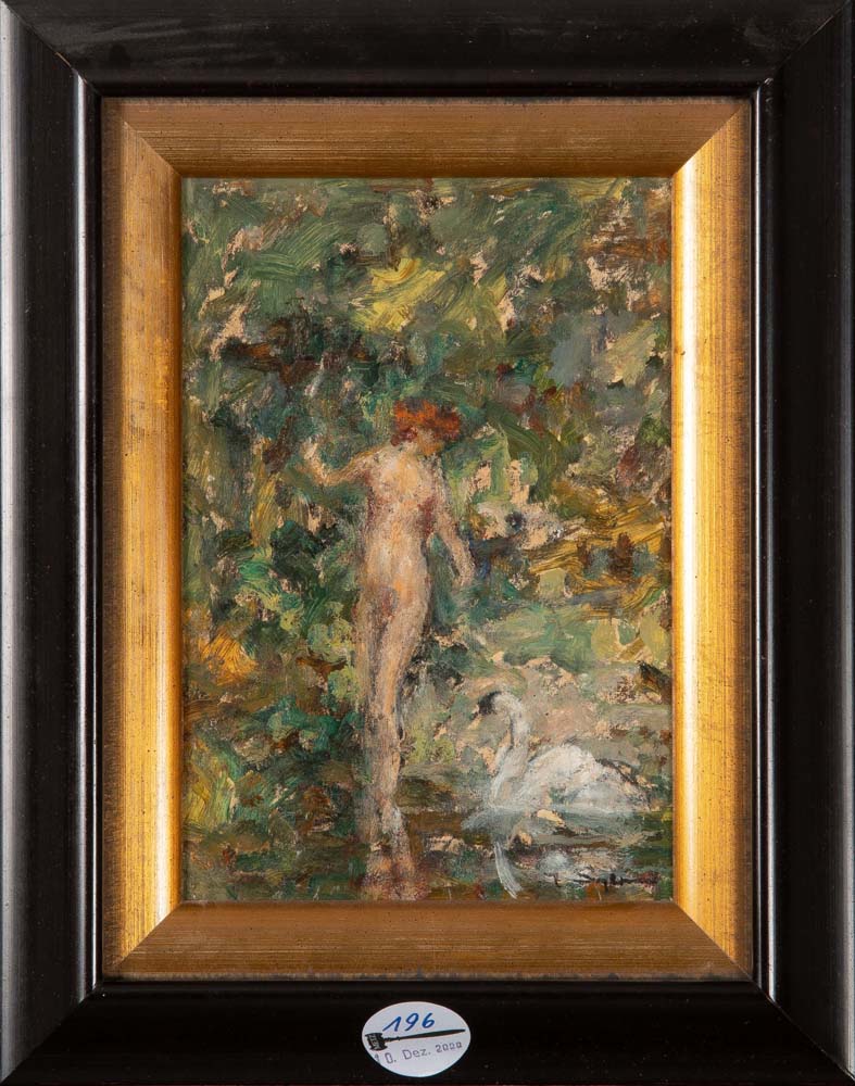 Julius Seyler (1873-1958). Leda mit dem Schwan. Öl/Malkarton, re./u./sign., gerahmt, 21 x 14 cm.