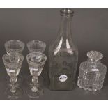Flasche, Flacon und vier Gläser. Deutsch 19./20. Jh. Glas, teilw. geschliffen, H=16 bis 31,5 cm.