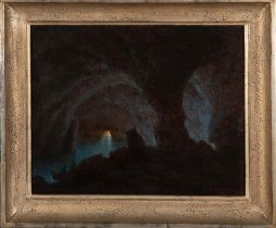 Robert Kummer (1810-1889). Unterwasserhöhle mit Personen im Boot. Öl/Sperrholz, li./u./sign., dat.
