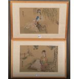 Maler des 20. Jhs. Asien. Zwei sitzende Frauen in Landschaft. Seide, bunt bemalt, li./u./sign.,