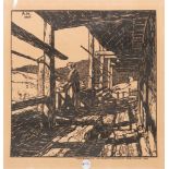 Albert Haueisen (1872-1954). Terrasse eines Hauses. Holzschnitt, o./li./monogr. „AH“, dat. 1901,