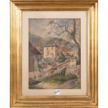Maler des 19. Jhs. Gebäudeansicht, im Hintergrund Berge. Aquarell, hi./Gl./gerahmt. 38 x 28 cm. **