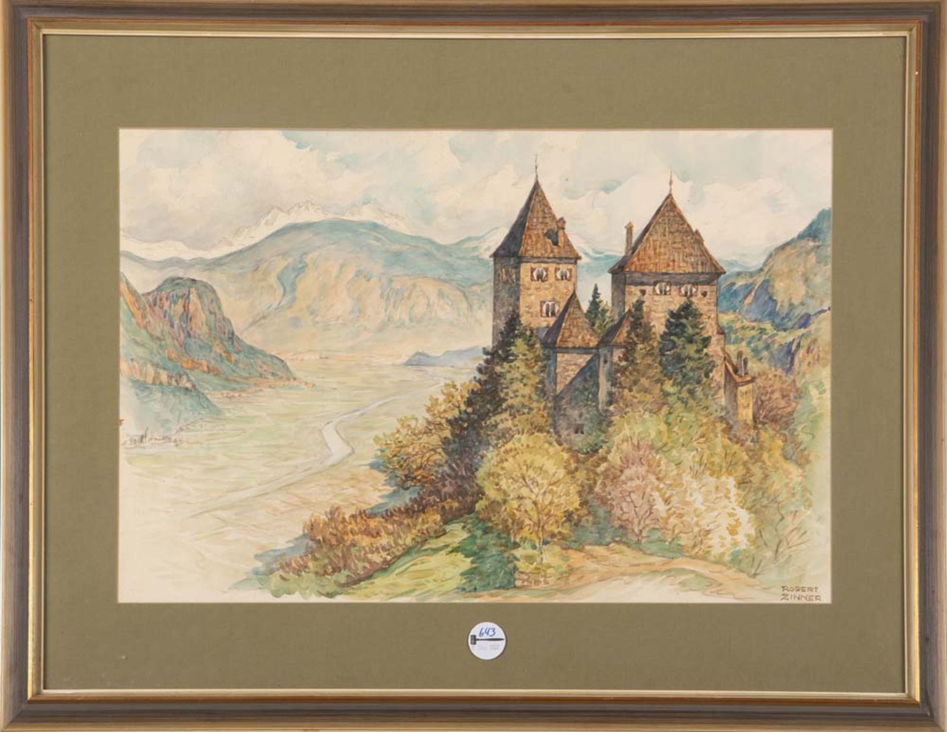 Robert Zinner (1904-1988). Wehrburg bei Prissian mit dem Etschtal. Aquarell, re./u./sign., hi./Gl./