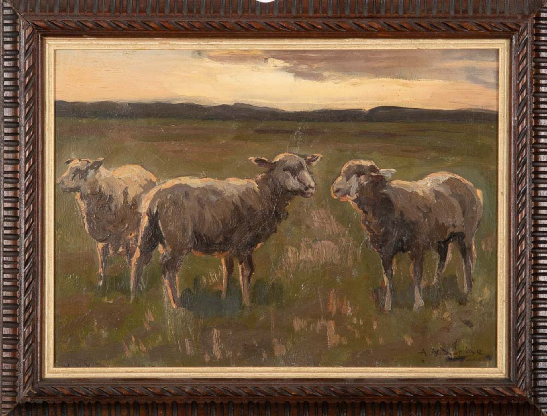 A. Dürine (Maler des 20. Jhs.). Schafe auf der Wiese. Öl/Malkarton, re./u../sign., dat. 1917,