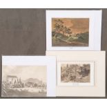 Maler des 19. Jhs. Gebirgslandschaft, Burg- sowie Dorfansicht. Tusche bzw. Aquatinta, je in
