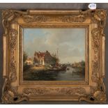 Jan Jacob Spohler (1811-1866/79). Haus am Fluss, im Hintergrund Segelboote. Öl/Holz, re./.u./