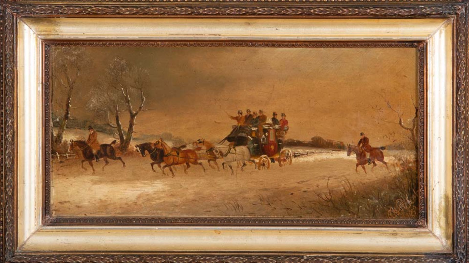 Maler des 19./20. Jhs. Winterlandschaft mit Pferdekutsche mit Personen, begleitet von Reitern. Öl/