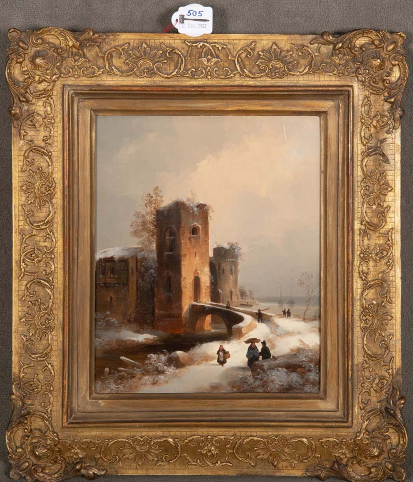 Theodor Verhas (1811-1872). Burgruine mit Personen in Winterlandschaft. Öl/Malkarton, li./u./