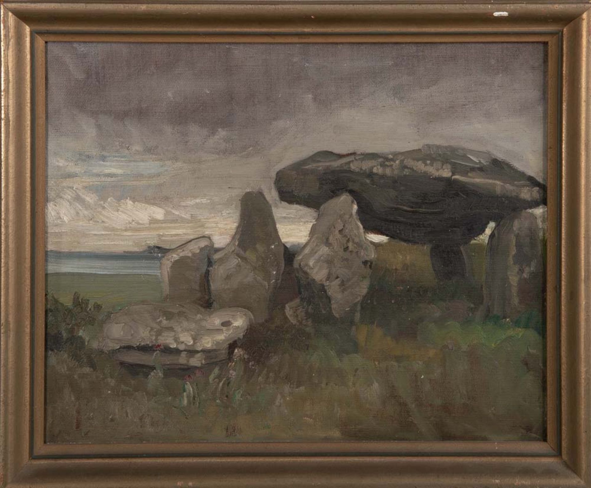Emmy Lischke (1860-1919) attrib. Steinformation, im Hintergrund ein See. Öl/Malkarton, gerahmt, 36 x
