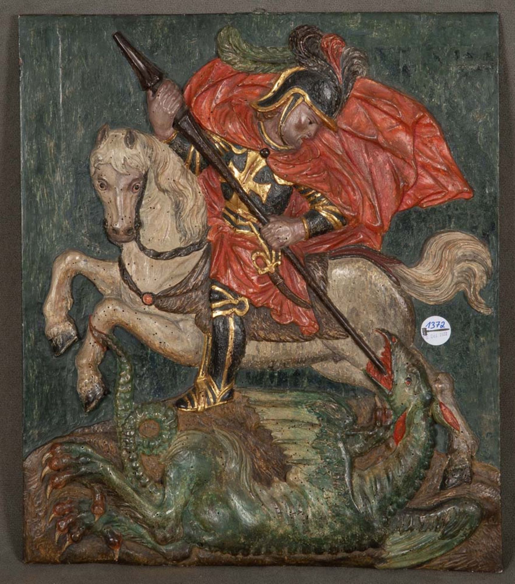 Hl. Michael. Deutsch 18. Jh. Holzrelief, geschnitzt, auf Kreidegrund farbig gefasst, H=59 cm, B=50,5