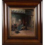 Maler des 19. Jhs. Zimmerinterieur mit sitzender Frau an Kochstelle. Öl/Malkarton, gerahmt, 28 x