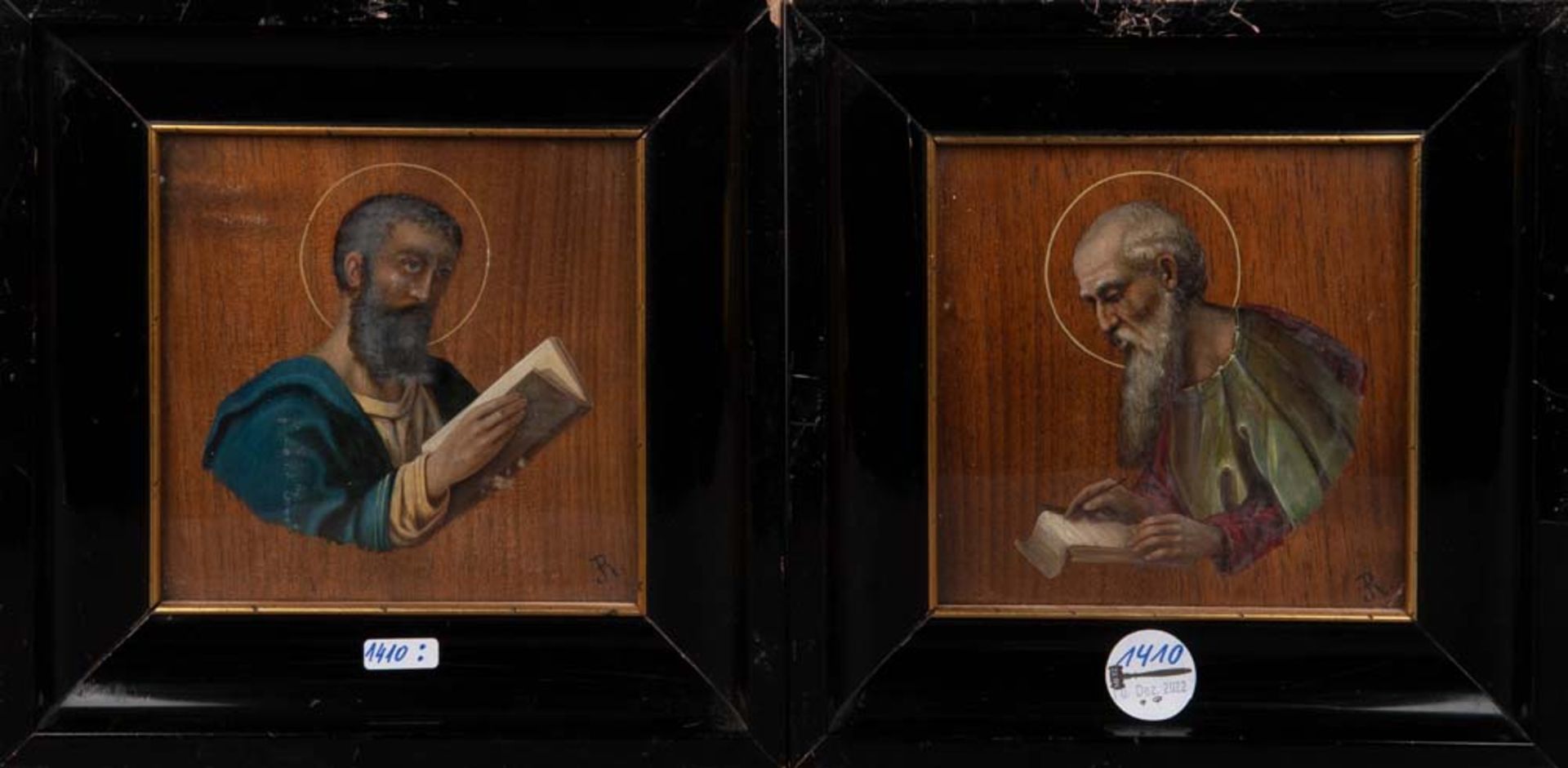 Maler des 20. Jhs. Zwei Heiligen-Darstellungen. Öl/Holz, re./u./monogr. „R“, gerahmt, je 18 x 17,5
