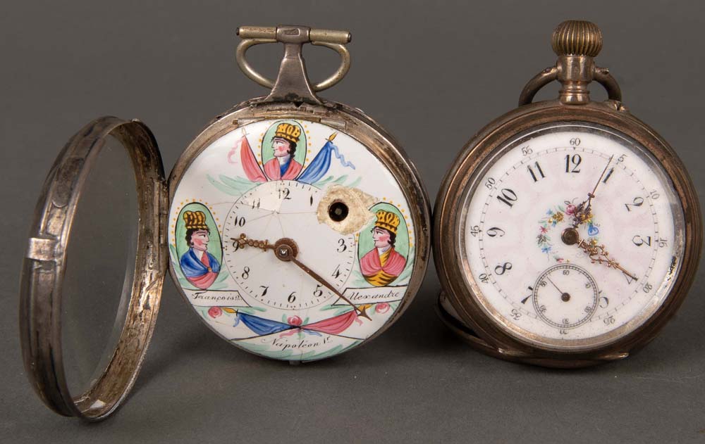 Zwei Taschenuhren. Silbergehäuse. Eine davon mit Spindelwerk, verso bez. „Breguet Paris 1801“. (