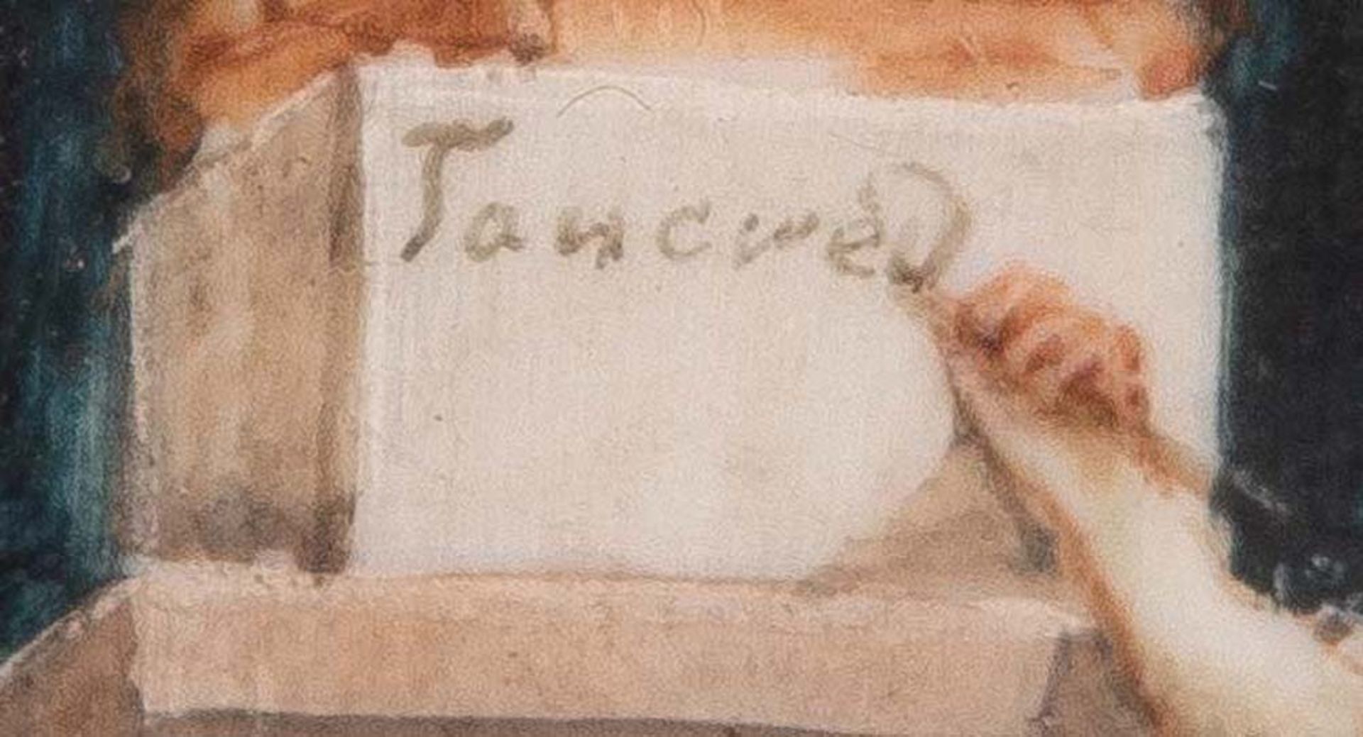 Maler des 19. Jhs. Sitzende Frau mit Hand an Säule. Puderfarben/Tafel, D=6 cm. - Bild 2 aus 2