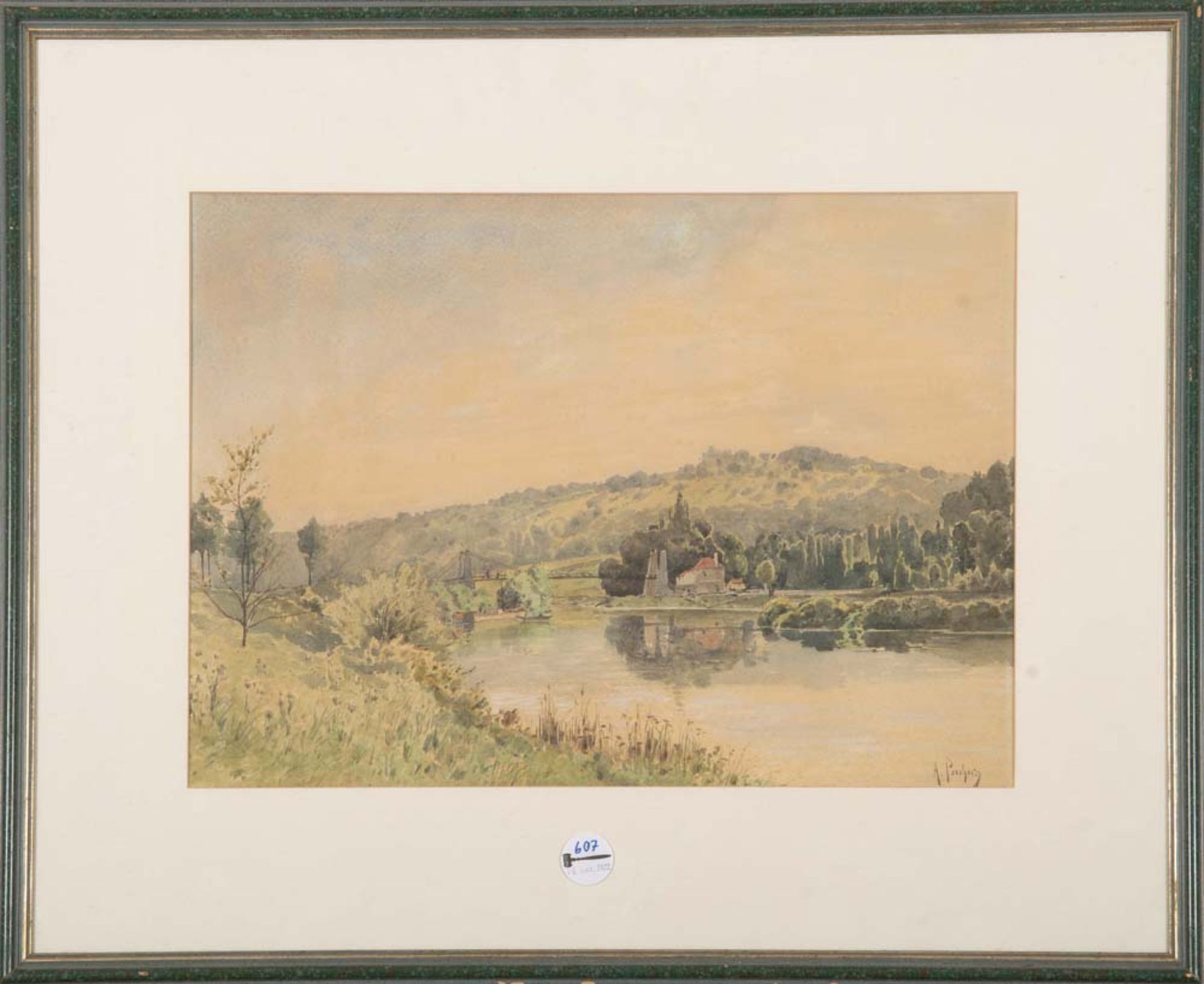 Charles Albert Porcher (1834-1895). Flusslandschaft mit Brücke und Gebäude. Aquarell, re./u./