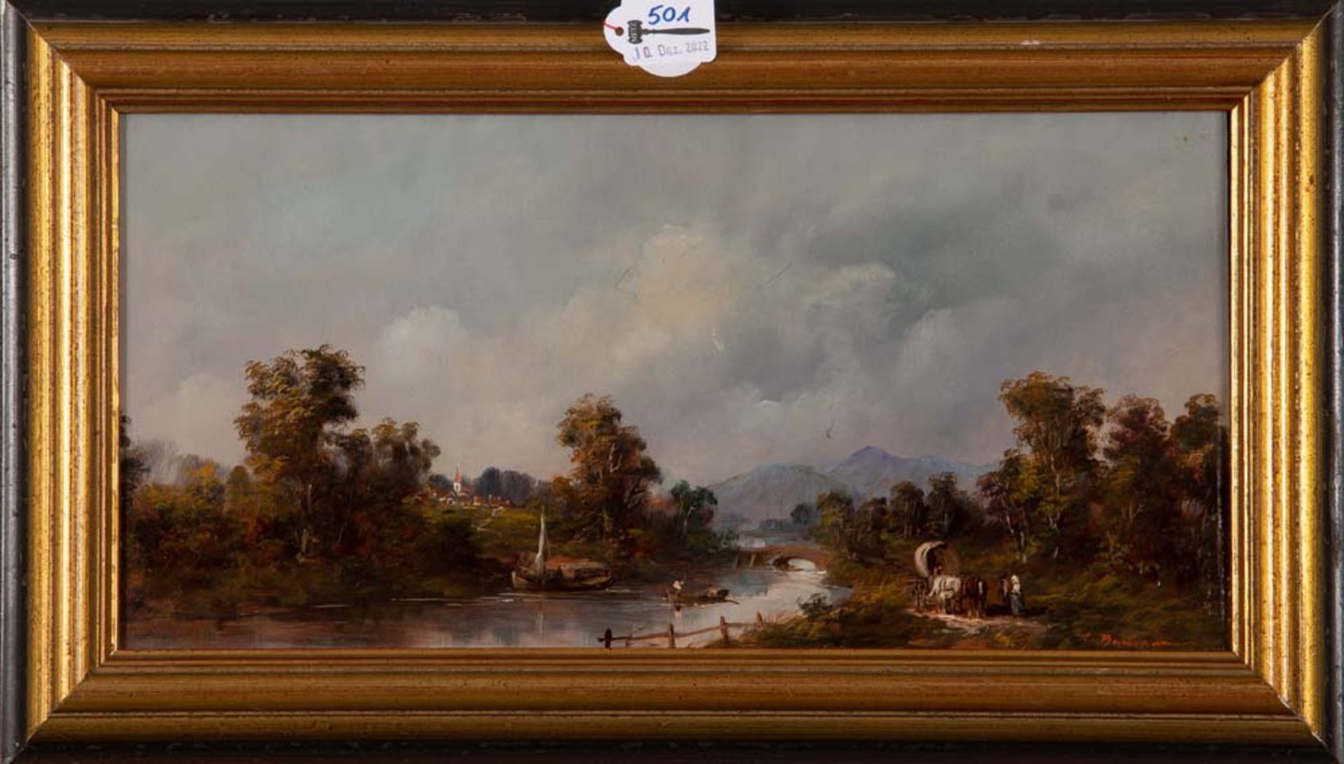 A. Baumann (Maler des 19. Jhs.). Flusslandschaft mit Booten, Personen am Ufer, im Hintergrund ein