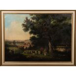 C. Kuschmann (Maler des 20. Jhs.). Personen auf Wiese vor Bäumen, im Hintergrund ein Dorf. Öl/Lw.,