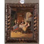 Maler des 20. Jhs. Zimmerinterieur mit zwei Frauen und einem Mann am Tisch. Öl/Kupfer, gerahmt, 26,5