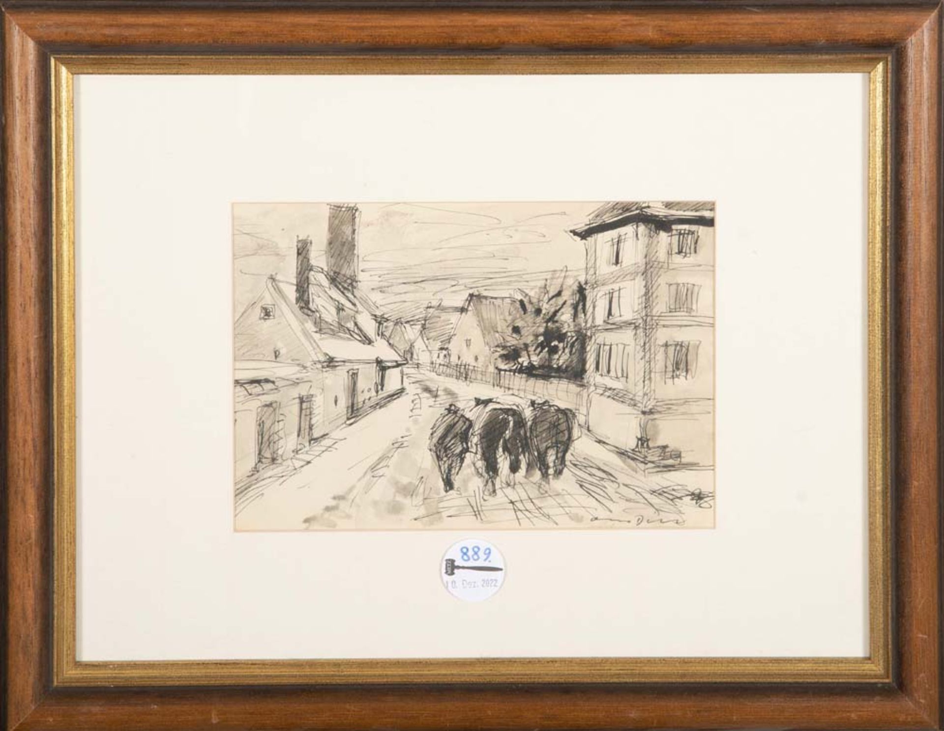 Otto Dill (1884-1957). Pferde auf Dorfstraße. Federzeichnung, re./u./sign., hi./Gl./gerahmt, 16 x