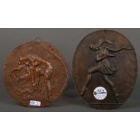 Zwei Plaketten. Deutsch 20. Jh. Tanzende Frauen. Bronze, eine davon monogr. „GA“, D=16 cm bzw. H=