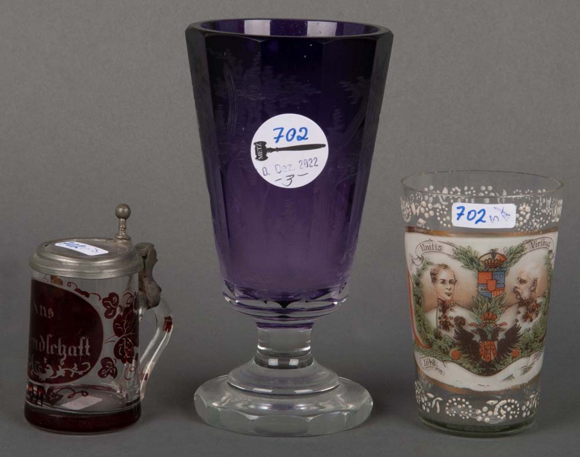 Jagdfußbecher, kleiner Krug und Jubiläumsglas Kaiser Franz Josef. Deutsch / Böhmen 19./20. Jh.