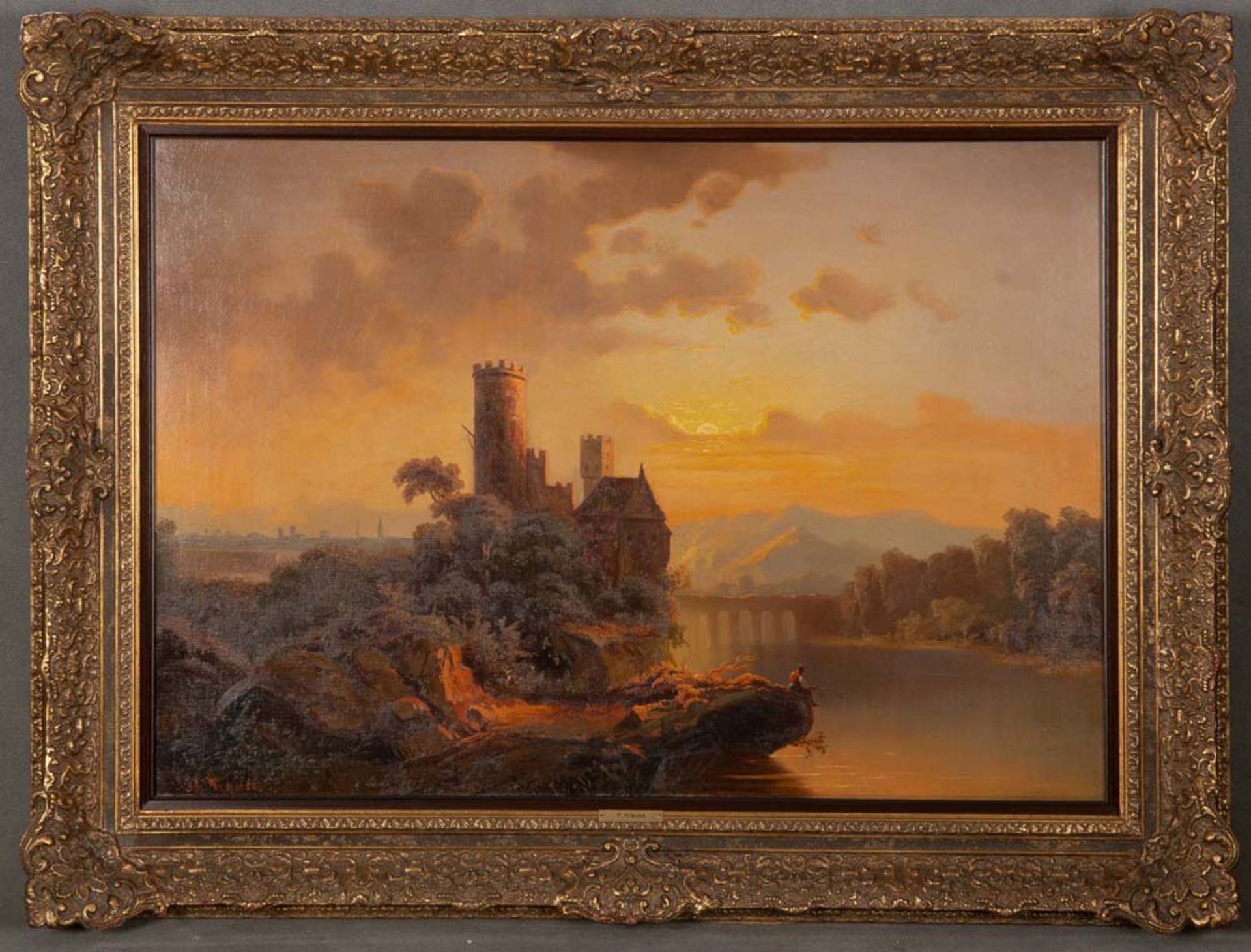 Franz Emil Kraus (1836-1900). Blick auf eine Burg und einen Angler auf Felsvorsprung, im Hintergrund