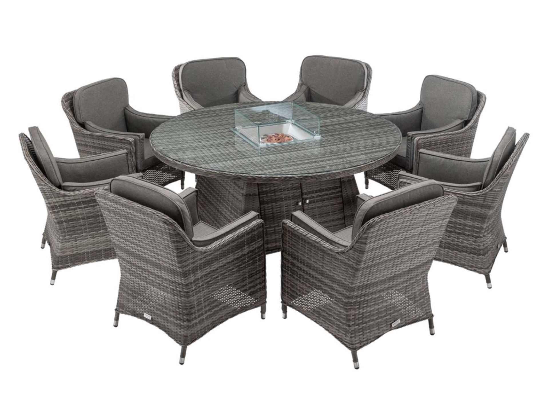 Brand New 8 Rattan Garden Chairs and Large Round Fire Pit Dining Table in Grey. RRP £4,299