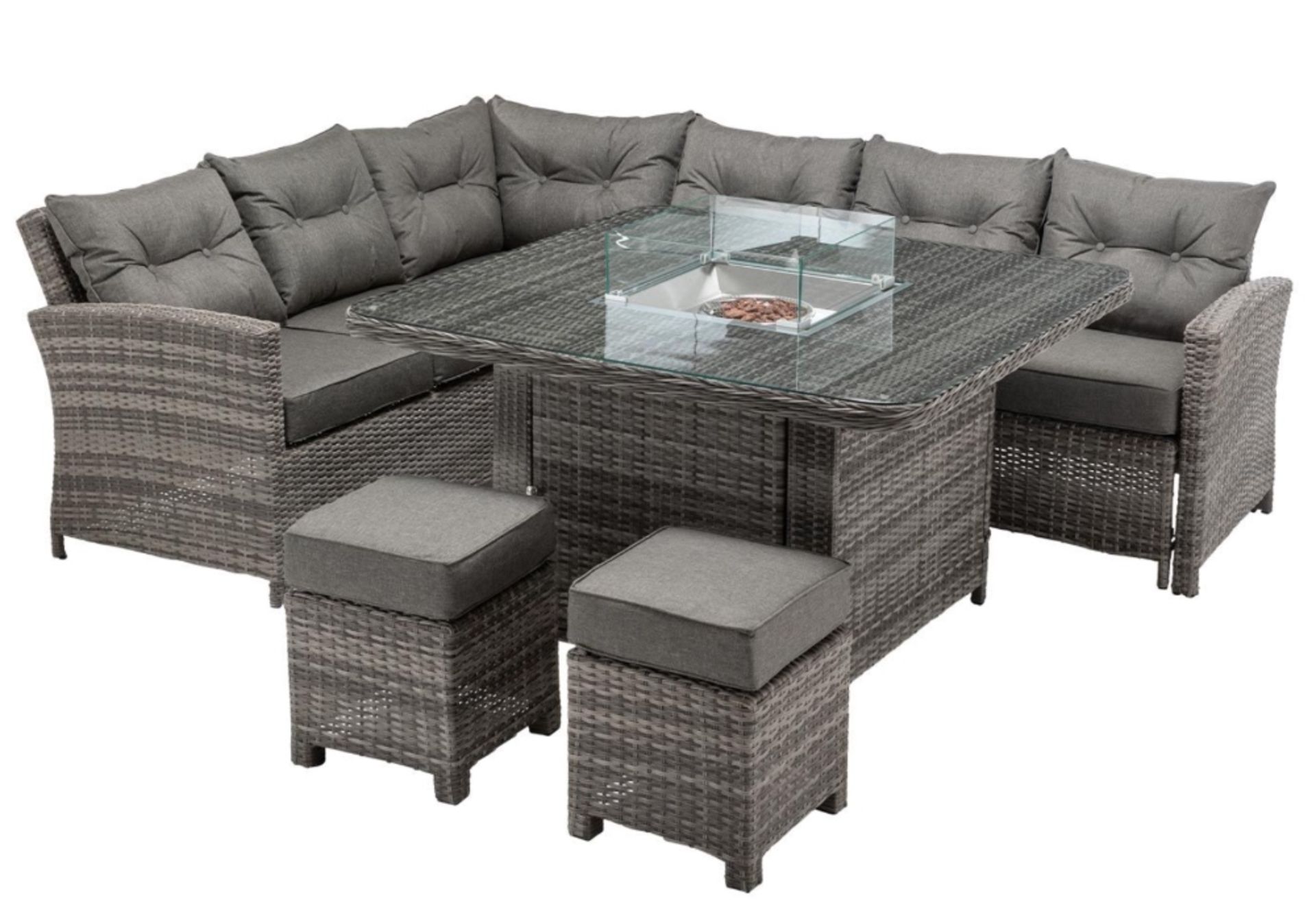 Brand New Rattan Garden Corner Dining Set with Square Fire Pit Table in Grey RRP £3,099