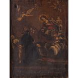 Maestro del XVII secolo. "Madonna in gloria con santo". Olio su tela. Cm 59x45. (difetti)