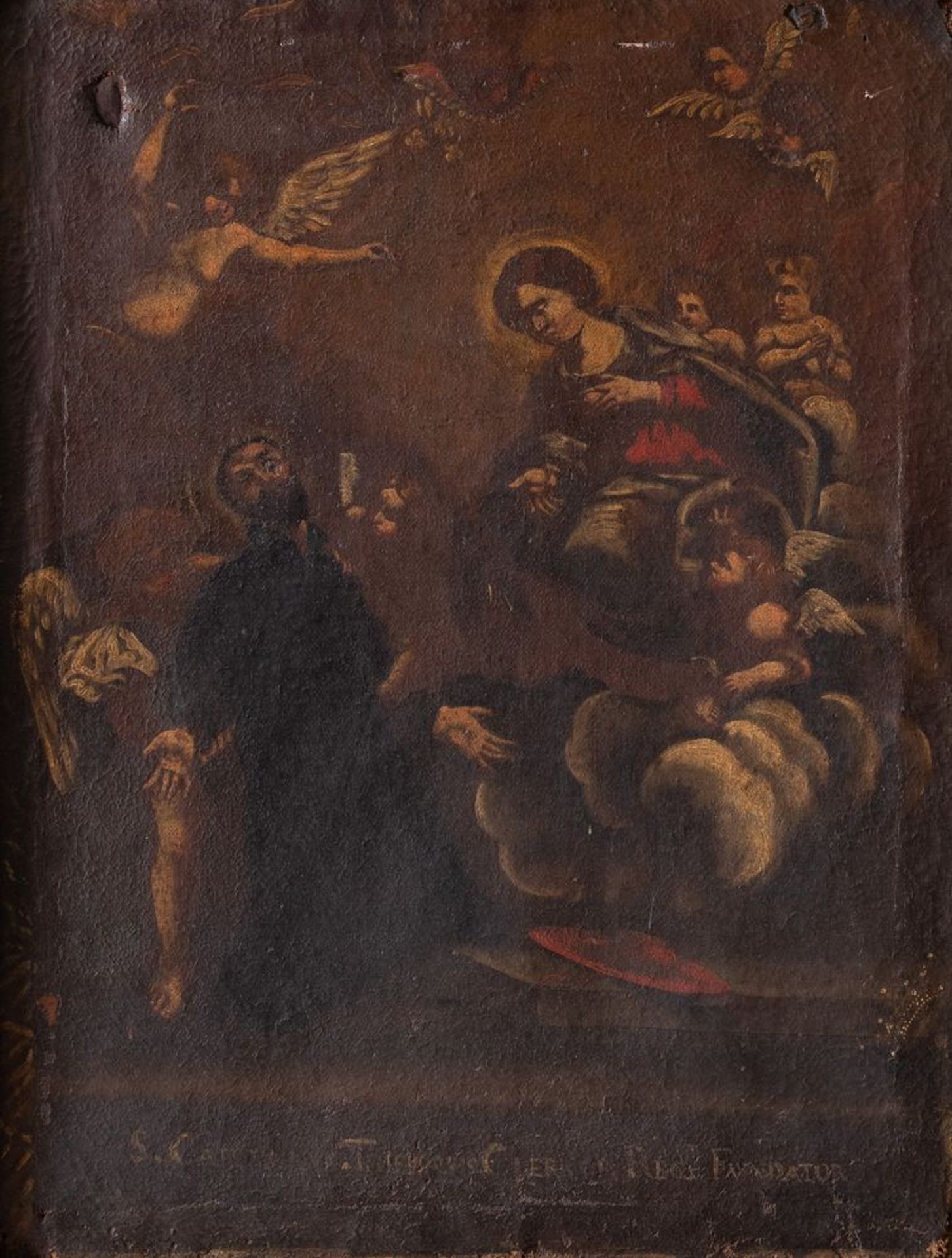 Maestro del XVII secolo. "Madonna in gloria con santo". Olio su tela. Cm 59x45. (difetti)