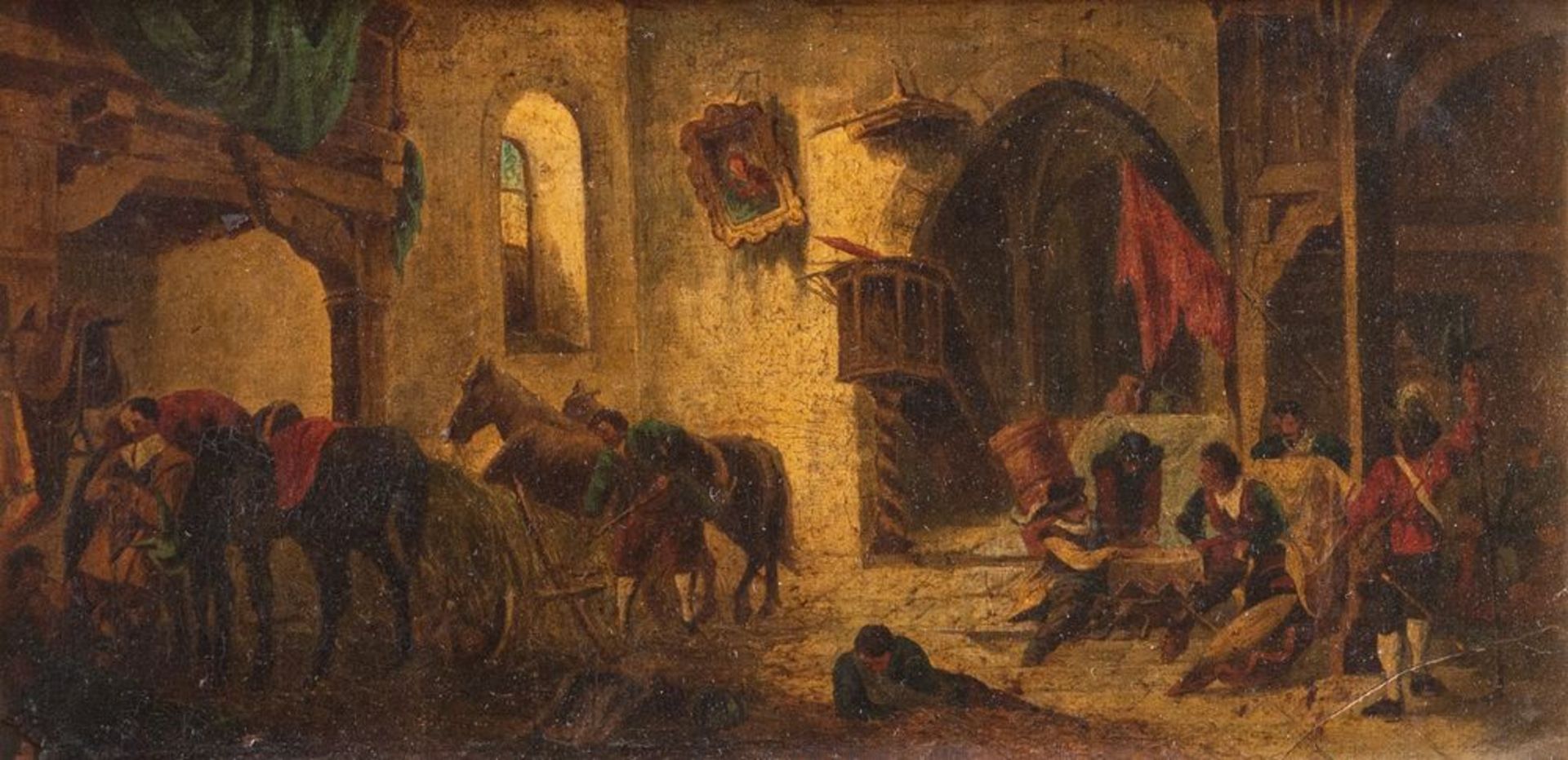 Maestro del XIX secolo. "Scena cittadina con cavalli". Cm 13x14,8.